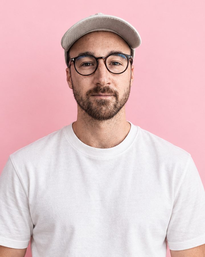 Ash Ledran in a white T-shirt, cap and round glasses, against a pink wall